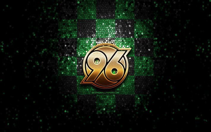 Hannover 96 FC, logotipo brilhante, Bundesliga 2, fundo xadrez preto verde, futebol, Hannover 96, clube de futebol alem&#227;o, logotipo do Hannover 96, arte em mosaico, Alemanha