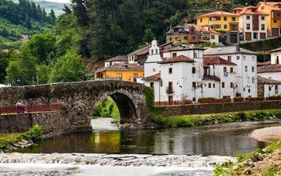 Cangas del Narcea, nehir, eski taş k&#246;pr&#252;, dağ manzarası, Asturias, İspanya