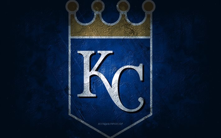 Kansas City Royals, &#233;quipe de baseball am&#233;ricaine, fond de pierre bleue, logo des Royals de Kansas City, art grunge, MLB, baseball, USA, embl&#232;me des Royals de Kansas City