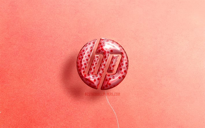 4K, logo HP 3D, illustrations, Hewlett-Packard, ballons roses r&#233;alistes, logo HP, logo Hewlett-Packard, arri&#232;re-plans roses, HP