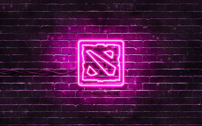 Dota 2 purple logo, 4k, purple brickwall, Dota 2 logo, artwork, Dota 2 neon logo, Dota 2