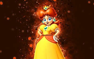 Princesse Daisy, 4k, princesse de dessin anim&#233;, n&#233;ons orange, Super Mario, cr&#233;atif, personnages de Super Mario, Super Mario Bros, princesse Daisy Super Mario