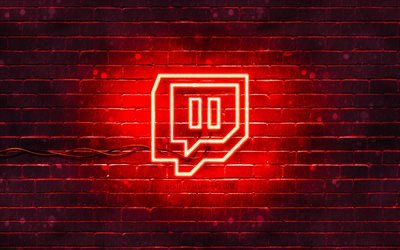 Logo rosso di Twitch, 4k, muro di mattoni rossi, logo di Twitch, social network, logo al neon di Twitch, Twitch