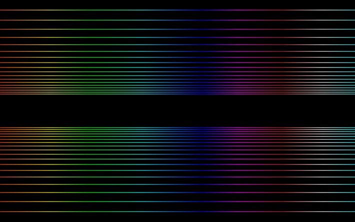 bunte neonstrahlen, 4k, abstrakte kunst, kreativ, gradientenstrahlen, schwarzer hintergrund, bunte linien