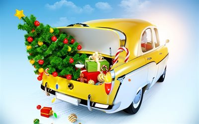 Christmas, New Year, 2017, Christmas tree, 3D car, Christmas Wallpaper
