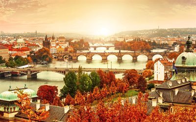 Prague, river, bridge, autumn, Czech Republic