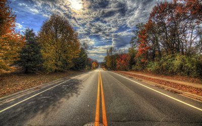 autumn, road, trees, bright sun, USA, HDR