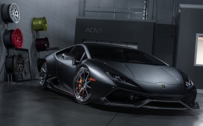 Lamborghini Huracan, 4k, ADV1, tuning, supercarros, garagem, fosco cinza huracan