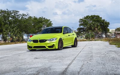 BMW M3, F80, 4k, 2017 cars, tuning, Forged Wheels, yellow M3, german cars, BMW, Velos S15