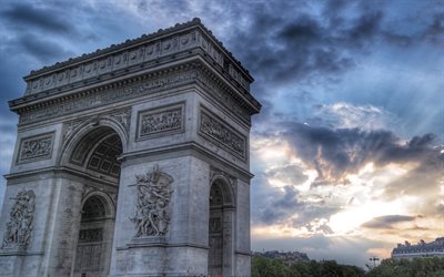 Arco Triunfal, p&#244;r do sol, noite, franc&#234;s marcos, Paris, Fran&#231;a, Europa