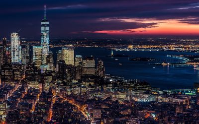 Nueva York, la oscuridad, el panorama, los rascacielos, los estados UNIDOS, ciudad de nueva york, estados unidos
