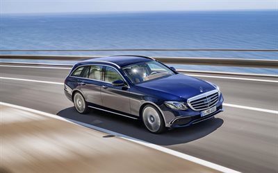 Mercedes-Benz E-Class Estate, 2017 cars, 4k, road, blue E-Class, Mercedes
