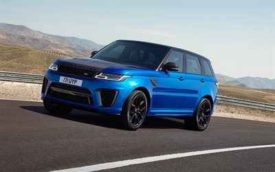 Land Rover, Range Rover Sport SVR, 2018, blue SUVs, British cars, tuning Range Rover