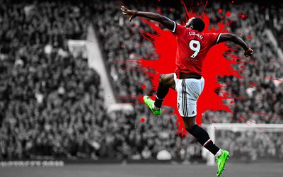 Romelu Lukaku, 4k, konst, Manchester United FC, Belgisk fotboll spelare, st&#228;nk av f&#228;rg, grunge konst, kreativ konst, Premier League, England, fotboll