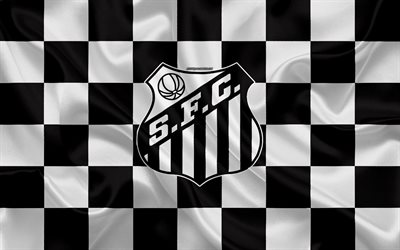 Santos FC, 4k, logotyp, kreativ konst, svart och vit rutig flagga, Brasiliansk fotboll club, Serie A, emblem, siden konsistens, Sao Paulo, Brasilien