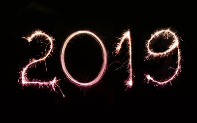 Happy New Year 2019, black background, fireworks, sparklers, 2019 concepts, 2019 year