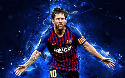 Barcelona FC, Messi, goal, argentinian footballers, La Liga, joy, Lionel Messi, Barca, football stars, Leo Messi, neon lights, soccer, LaLiga