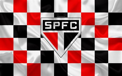 Sao Paulo FC, 4k, logo, creative art, white black red checkered flag, Brazilian football club, Serie A, emblem, silk texture, Sao Paulo, Brazil
