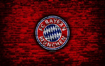 Bayern Munchen FC, logo, FCB, red brick wall, fan art, Bundesliga, German football club, soccer, football, brick texture, Munchen, Germany