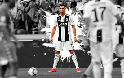Cristiano Ronaldo, 4k, art, Juventus FC, Portuguese football player, striker, football star, white splashes of paint, grunge art, CR7, Serie A, Italy, football