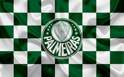 Palmeiras FC, 4k, logo, creative art, green white checkered flag, Brazilian football club, Serie A, emblem, silk texture, Sao Paulo, Brazil, Sociedade Esportiva Palmeiras