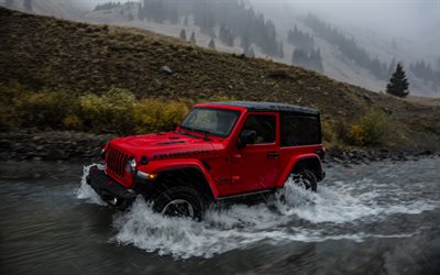 2018, Jeep Wrangler Rubicon, red SUV, riding on the river, off-road, new red Wrangler Rubicon, American cars, USA, Jeep