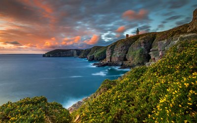 coast, ocean, rocks, evening, sunset, lighthouse, England, United Kingdom