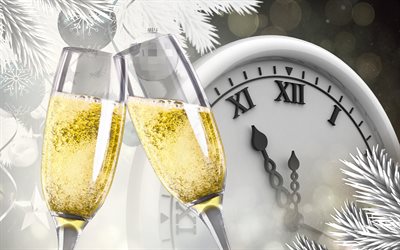 New Year, art, clock, midnight, champagne, glasses, 3d art