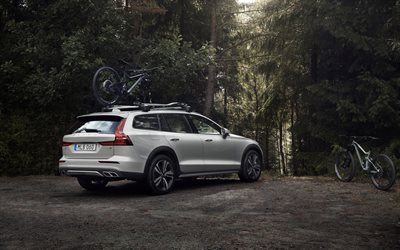 Volvo V60 Cross Country, 2018, white wagon, forest, rear view, exterior, new white V60, Volvo