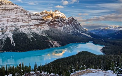 4k, Canada, Peyto Lake, winter, Banff National Park, forest, Canadian Rockies, mountains, North America