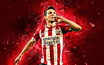 Hirving Lozano, goal, mexican footballers, PSV Eindhoven FC, soccer, Lozano, Dutch Eredivisie, football, neon lights, abstract art