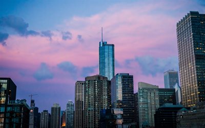 Chicago, evening, skyscrapers, sunset, big city, USA, Illinois