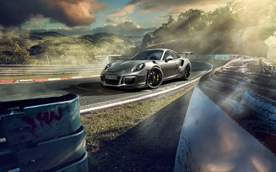 Porsche 911 GT3 RS, chemin de c&#226;bles, 2018 voitures, gris 911, supercars, voitures allemandes, Porsche