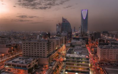 Kingdom Centre, Riyadh, Saudi Arabia, evening, sunset, skyscrapers, capital of Saudi Arabia