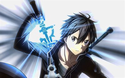4k, Kirito, Kazuto Kirigaya, manga, artwork, Sword Art Online, Kirito with sword
