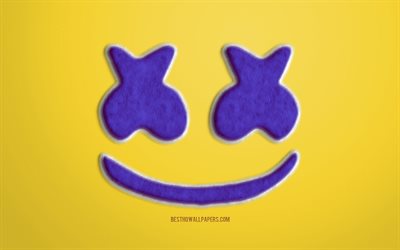 Purple Marshmello Logo, Yellow background, Marshmello 3D logo, Marshmello fur logo, creative fur art, Marshmello emblem, American DJ, Marshmello, Christopher Comstock