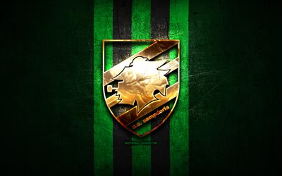 Sassuolo FC, golden logo, Serie A, green metal background, football, US Sassuolo, italian football club, Sassuolo logo, soccer, Italy