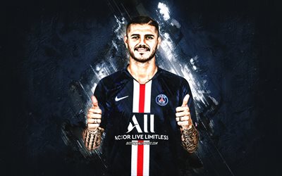 Mauro Icardi, PSG, Paris Saint-Germain, argentinian soccer player, striker, portrait, Ligue 1, France, football, blue stone background