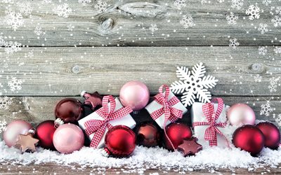 Kırmızı Noel topları, kar &#252;zerinde kırmızı top, Noel, Yeni Yıl, kış, Noel arka plan