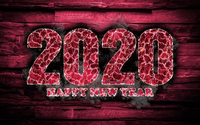 2020 rosa fiery cifre, 4k, Felice Nuovo Anno 2020, rosa, di legno, sfondo, 2020 fuoco d&#39;arte, 2020 concetti, 2020 le cifre dell&#39;anno, 2020 su sfondo rosa, Nuovo Anno 2020