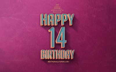 14日お誕生日おめで, 紫色のレトロな背景, 嬉しい14歳の誕生日, レトロの誕生の背景, レトロアート, 14歳の誕生日, お誕生日おめで背景