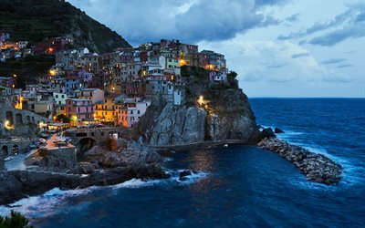 Cinque Terre, Manarola, kv&#228;ll, sunset, havs-kusten, La Spezia, Italien, Medelhavet