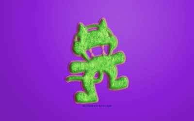 Verde Monstercat Logotipo, fondo P&#250;rpura, Monstercat logo en 3D, Monstercat piel logotipo creativo de piel de arte, Monstercat emblema, Monstercat