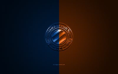 Montpellier HSC, French football club, Ligue 1, Blue-orange logo, Blue-orange carbon fiber background, football, Montpellier, France, Montpellier HSC logo