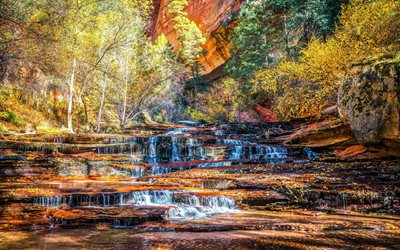Zion National Park, 4k, outono, fal&#233;sias, american marcos, Springdale, cachoeiras, Utah, EUA, Am&#233;rica, Si&#227;o