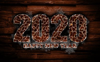 2020 brown fiery digits, 4k, Happy New Year 2020, brown wooden background, 2020 fire art, 2020 concepts, 2020 year digits, 2020 on brown background, New Year 2020