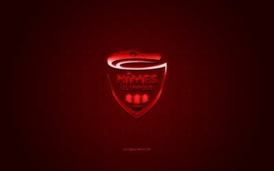 Nimes Olympique, Franska fotbollsklubben, Liga 1, R&#246;d logo, Red kolfiber bakgrund, fotboll, Nimes, Frankrike, Nimes Olympique logotyp