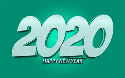 4k, 2020 turquoise 3D chiffres, cartoon art, Heureuse Nouvelle Ann&#233;e 2020, turquoise, fond, horizon 2020 neon art, 2020 concepts, &#224; 2020 sur fond turquoise, l&#39;an 2020 chiffres, le Nouvel An 2020
