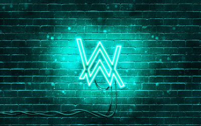 Alan Walker, turquoise logo, 4k, superstars, turquoise, mur de briques, logo Alan Walker, Olav, la musique, les stars, le logo, le n&#233;on
