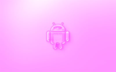 Android logo en 3D, fondo P&#250;rpura, P&#250;rpura Android jelly logotipo de Android emblema, creativo, arte 3D, Android